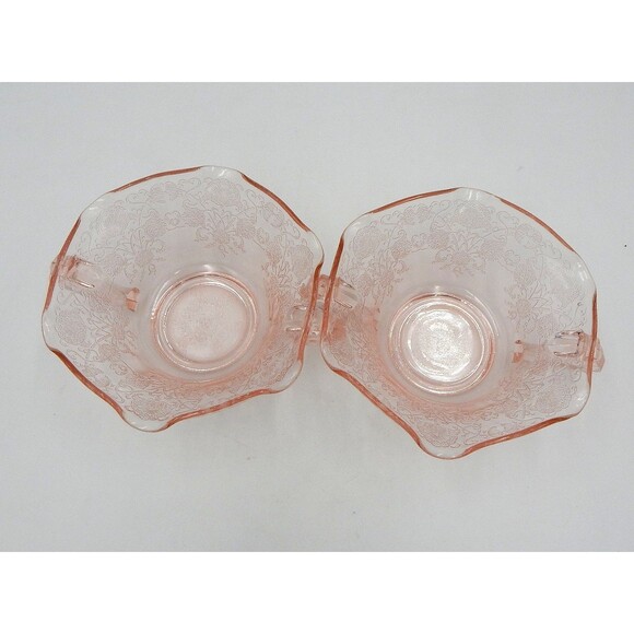 Hazel Atlas Florentine Poppy Pink Depression Glass Two-Handle Soup Nut Bowl Pair - Picture 6 of 9